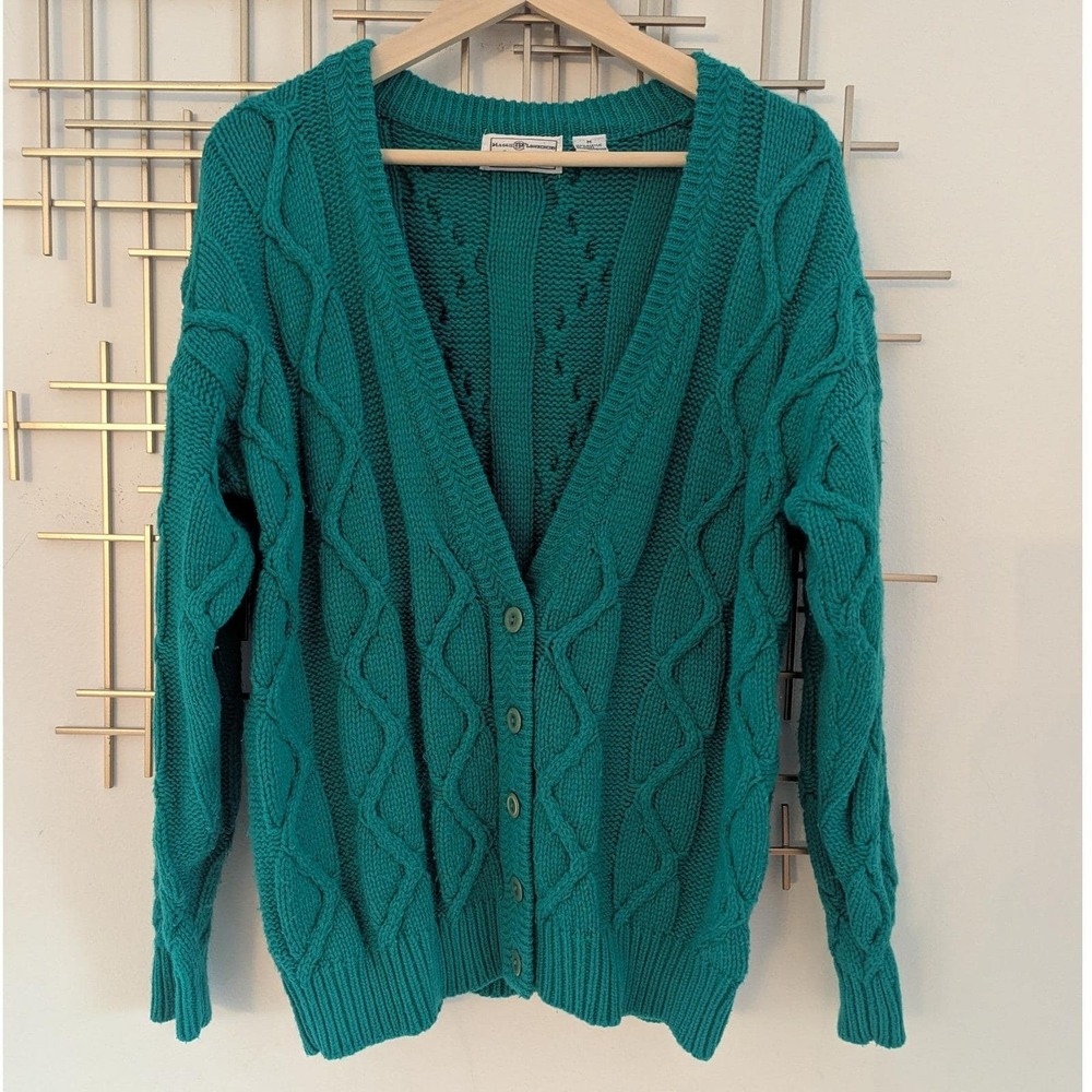 Vtg 90s Maggie Lawrence VNeck Cardigan Teal Chunky Cable Knit Button Front Sz M